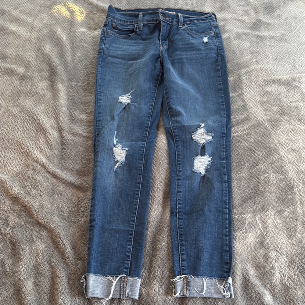 Levi's Blue Ankle Cropped Jeans with Distressed Details